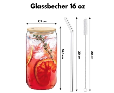 Abbildung eines 16 oz Glasbechers mit Bambusdeckel, Glastrinkhalm und Reinigungsbürste. Der Becher hat einen Durchmesser von 7,5 cm und eine Höhe von 14,5 cm. Der Trinkhalm und die Bürste sind jeweils 20 cm lang. Der Becher ist mit rotem Getränk und Orang